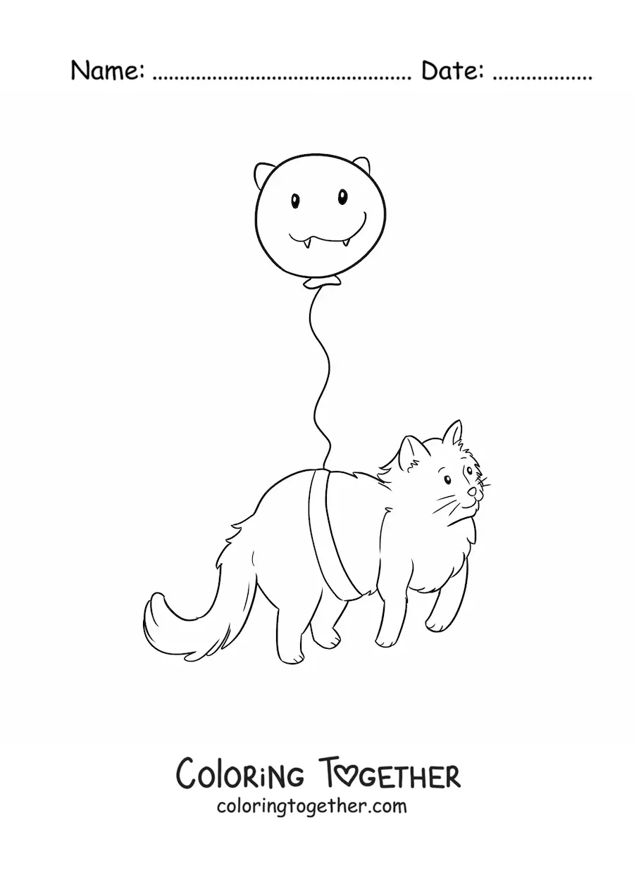 Coloring page of a kawaii cat tied to a balloon