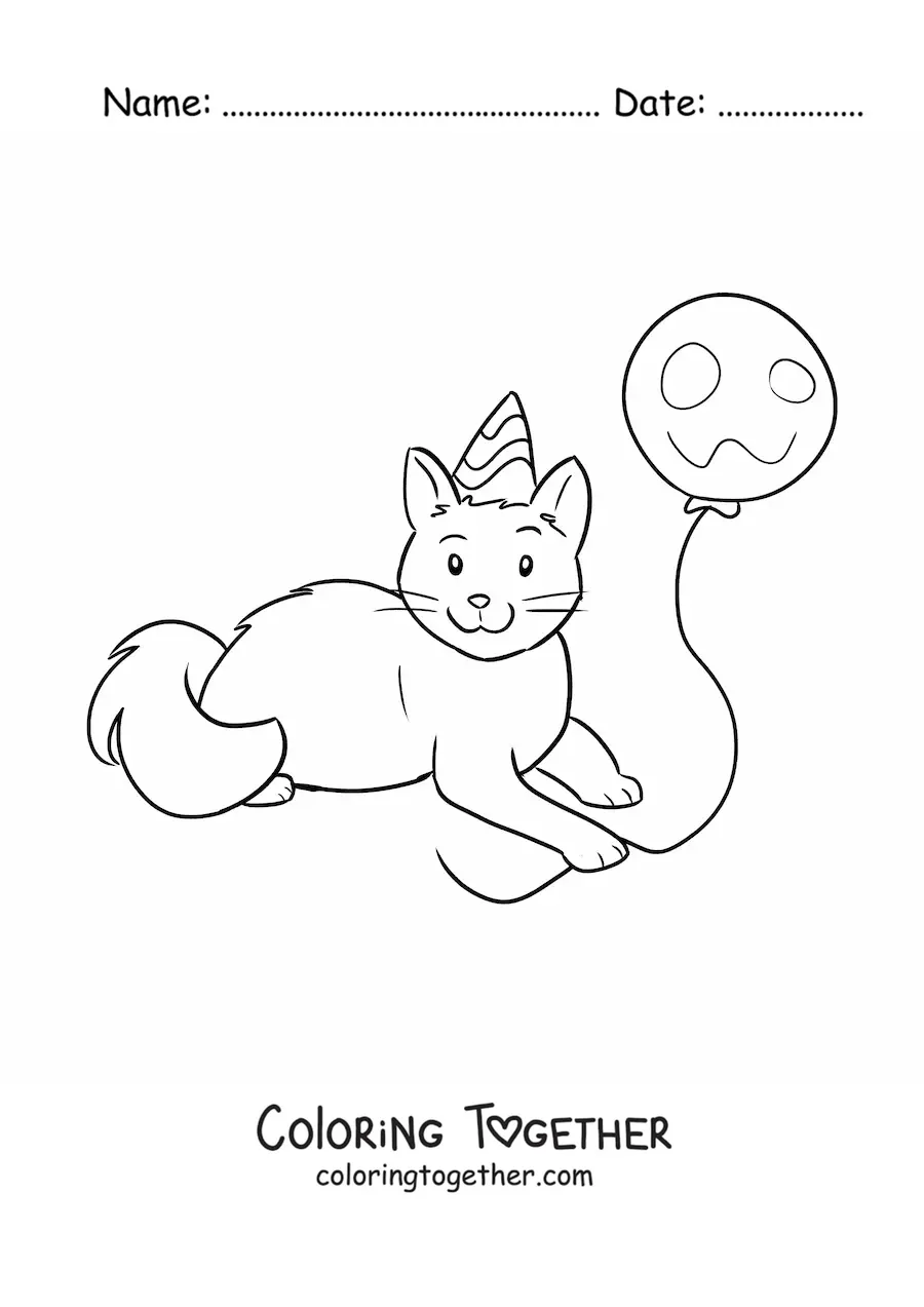 Coloring page of a kawaii cat with a party balloon