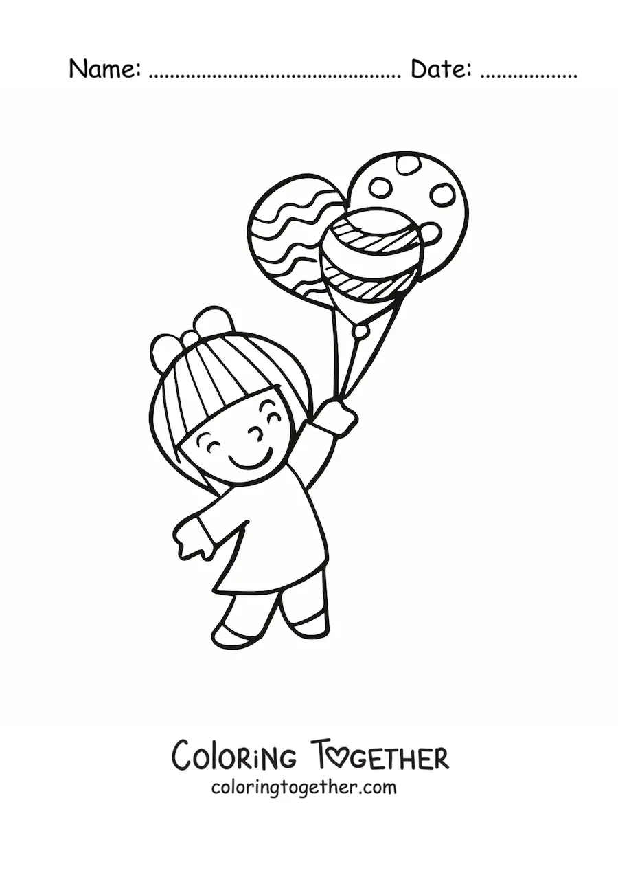 Coloring page of a girl holding three balloons