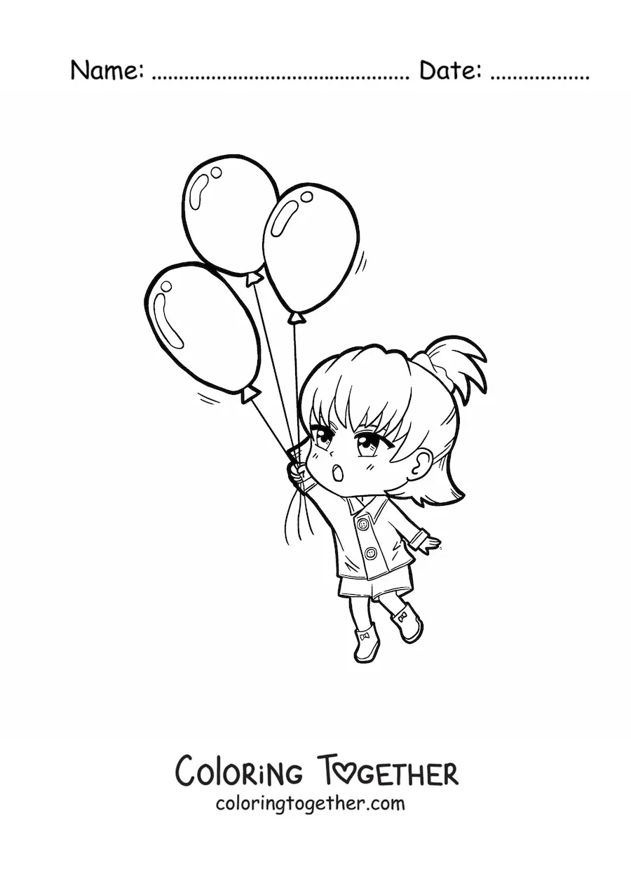 Coloring page of a kawaii girl flying with three balloons