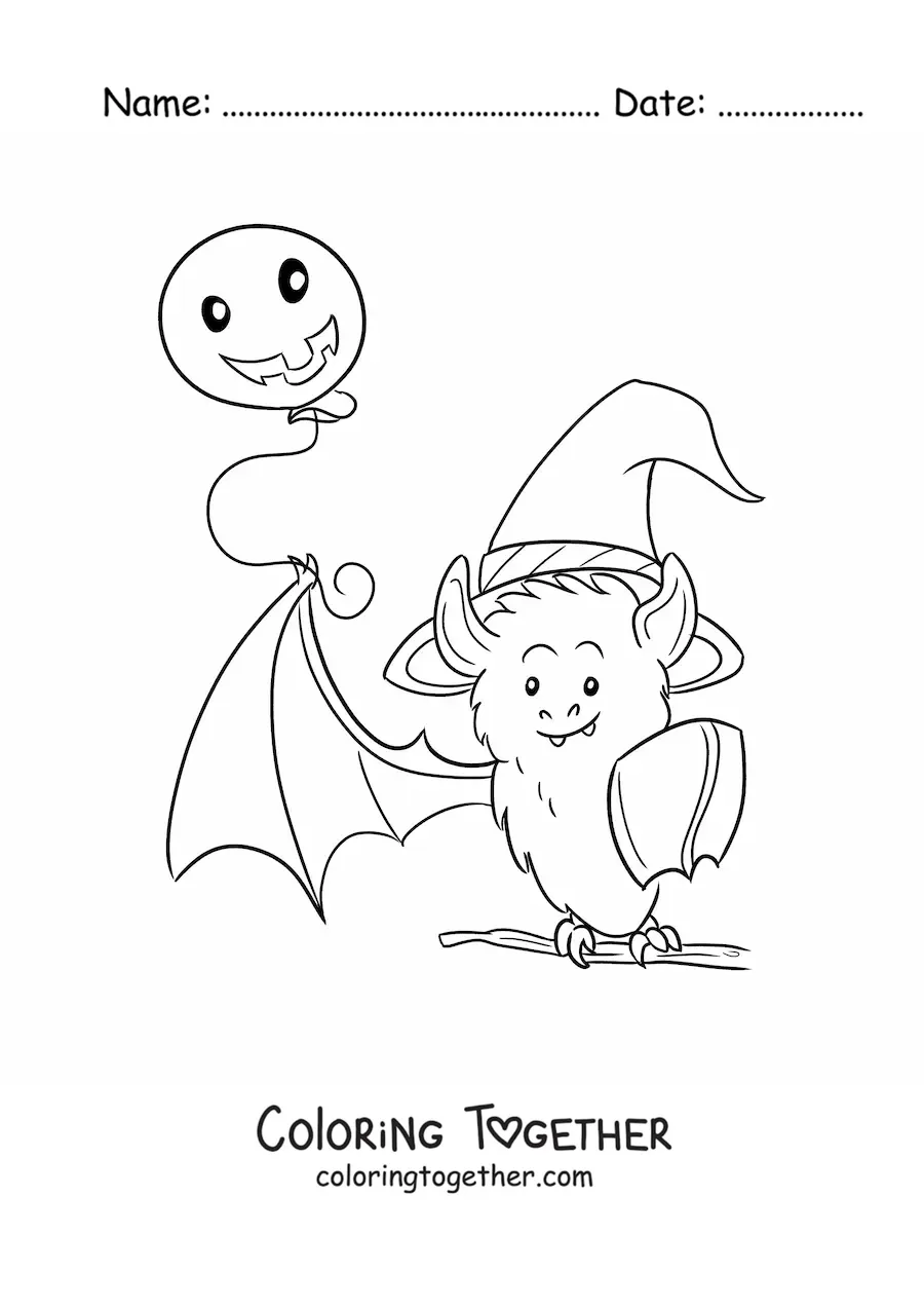 Coloring page of a kawaii bat with a Halloween balloon