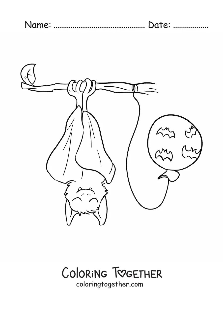 Coloring page of a kawaii bat sleeping next to a Halloween balloon