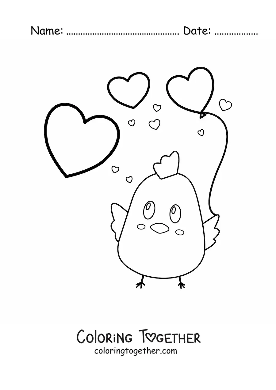 Coloring page of a kawaii chick with heart balloons