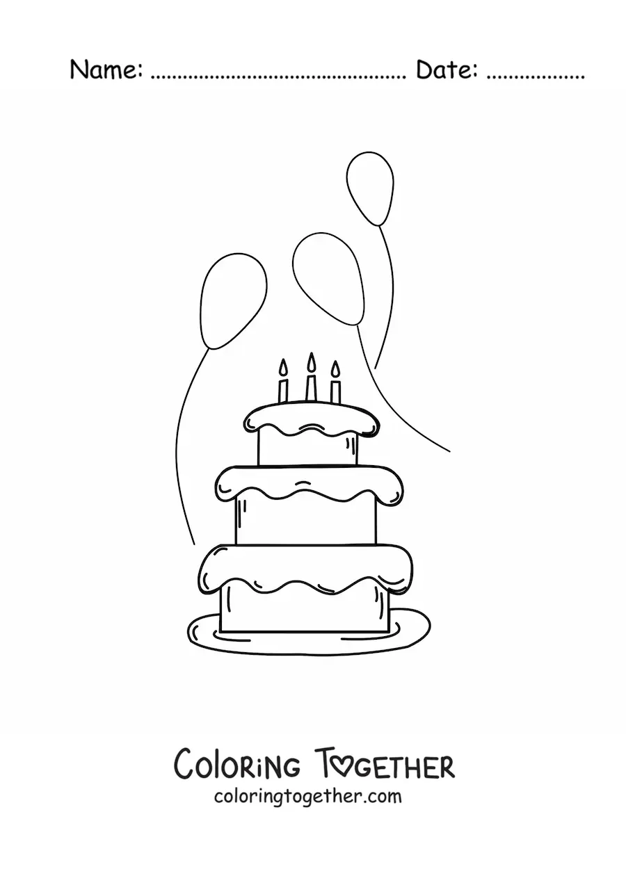 Coloring page of a birthday cake with three balloons