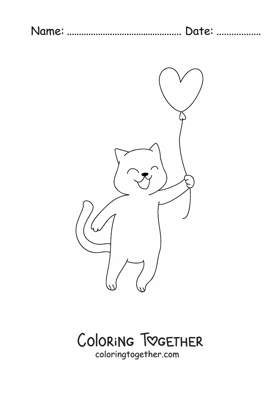 Coloring page of an animated cat with a heart balloon