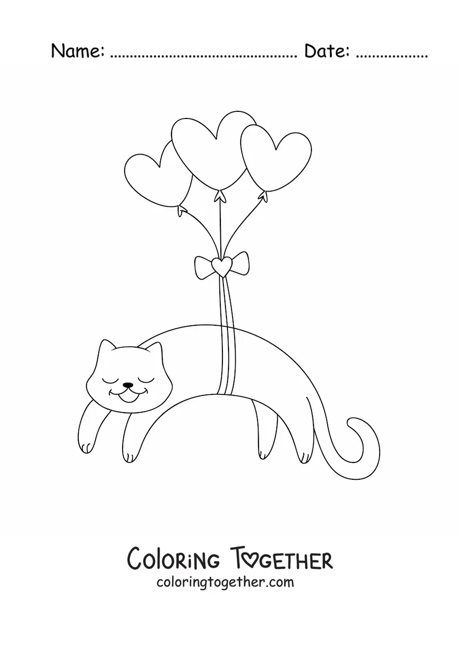 Coloring page of an animated cat tied to three heart balloons