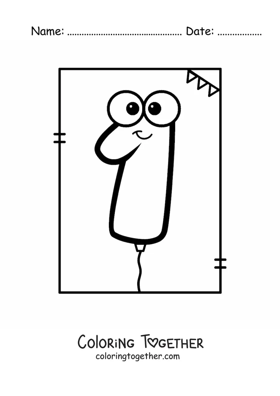 Coloring page of a balloon shaped like the number 1