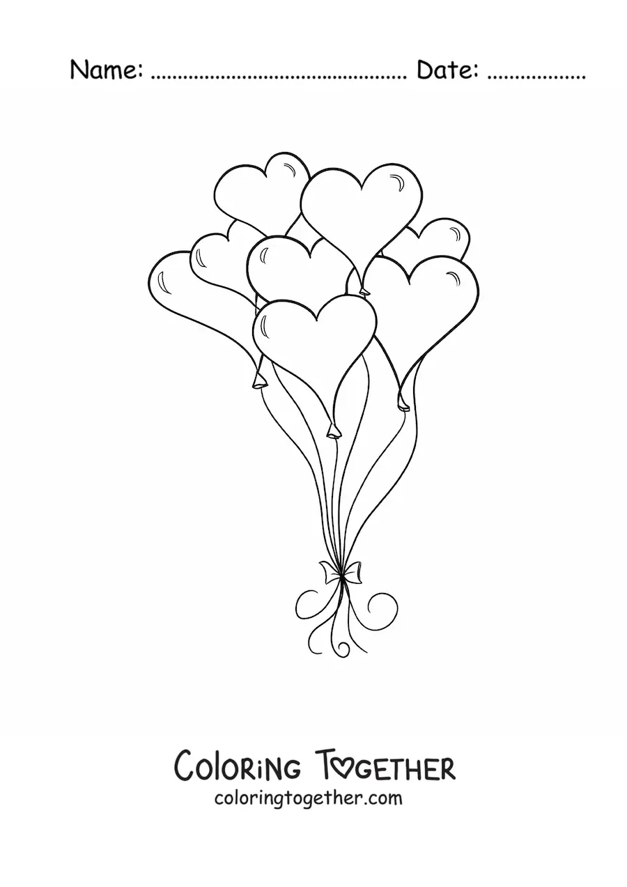 Coloring page of several heart-shaped balloons