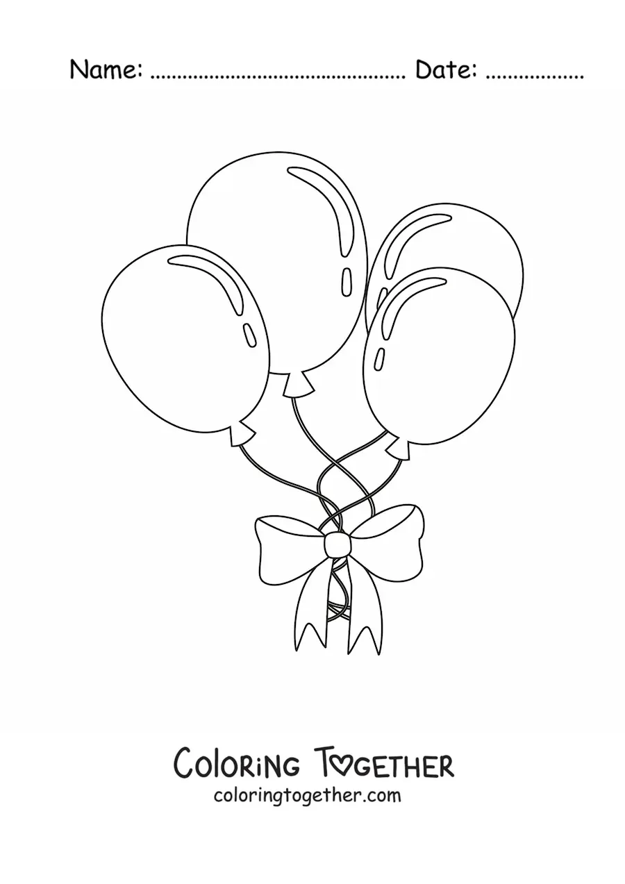 Coloring page of four balloons held together with a ribbon