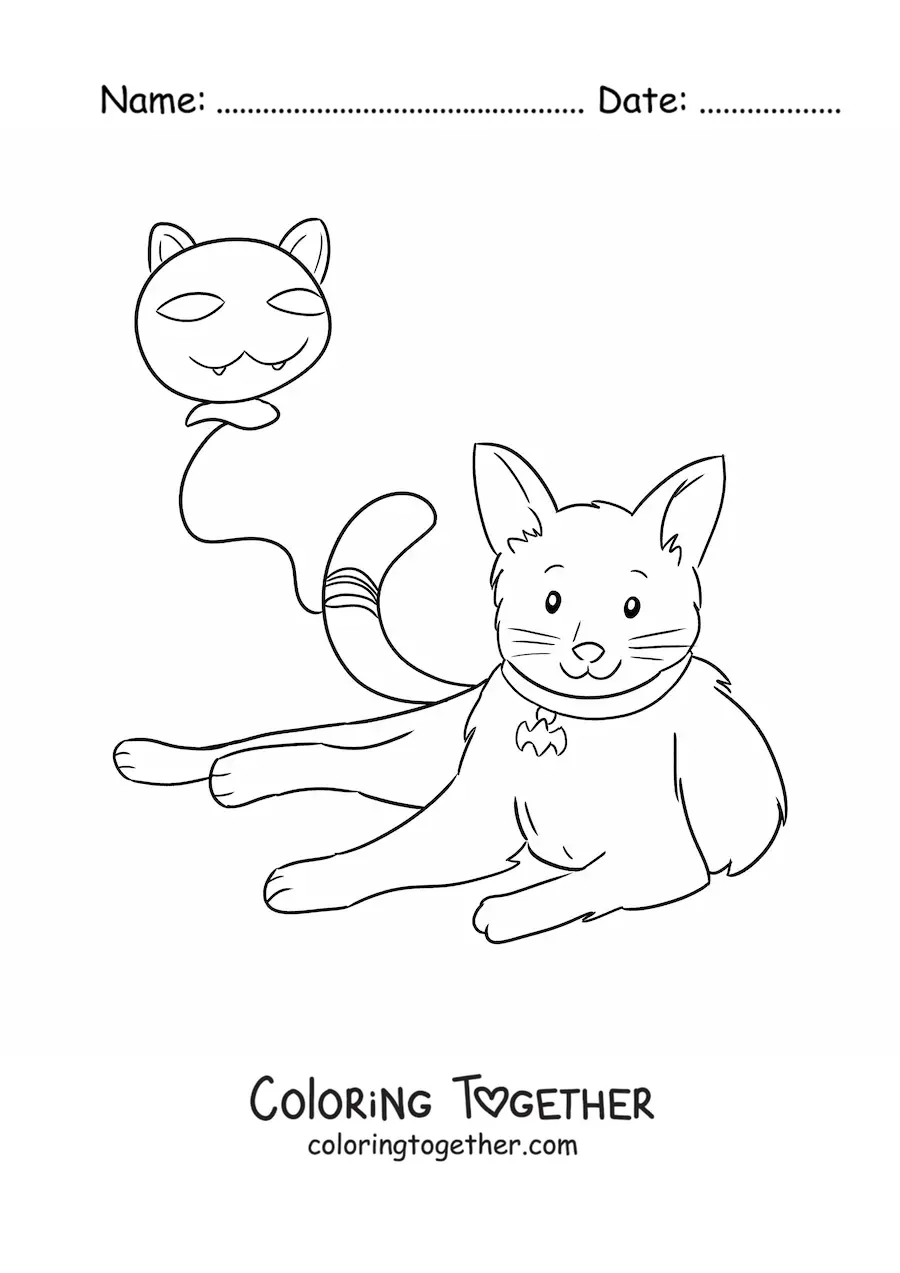 Coloring page of a kawaii cat with a cat-shaped balloon