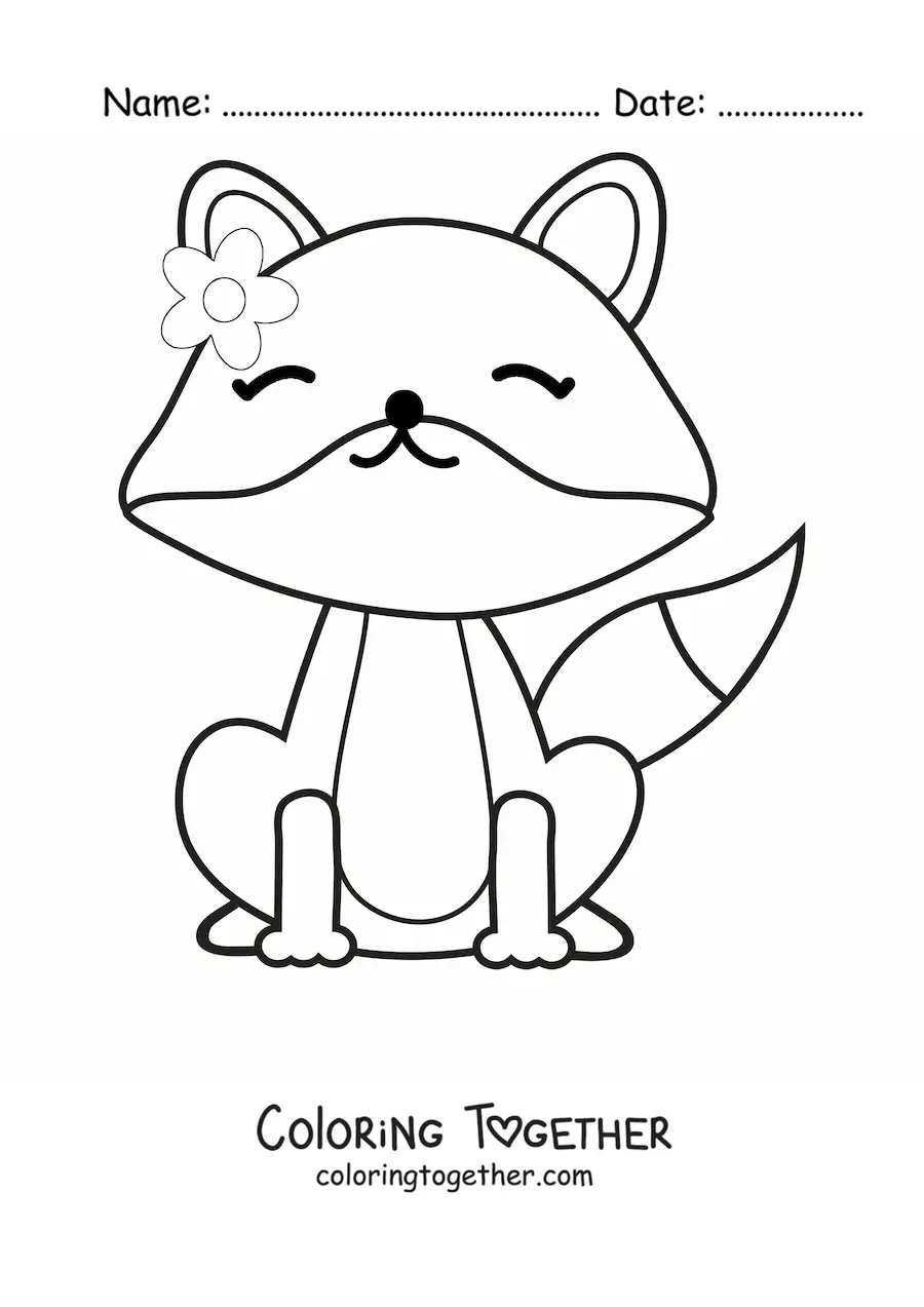 Coloring page of a kawaii cartoon fox sitting with a flower on its head