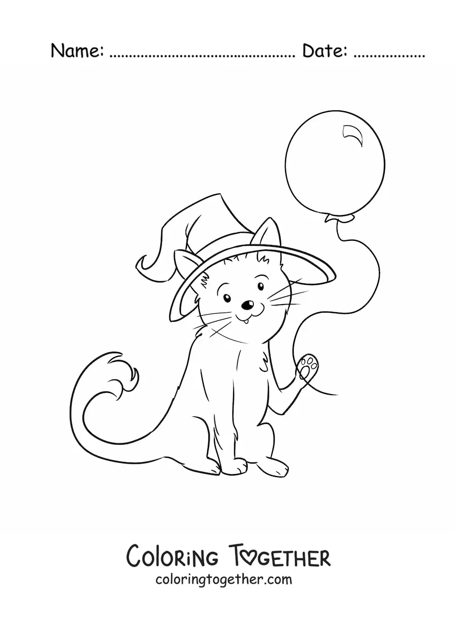 Coloring page of a kawaii cat in costume with a Halloween balloon