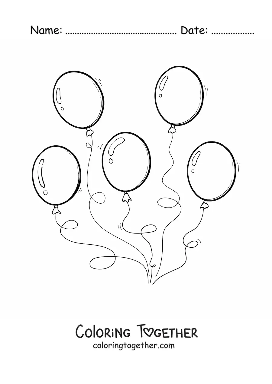 Coloring page of five birthday balloons