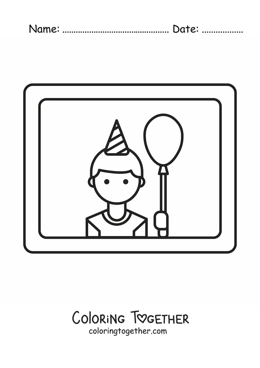 Coloring page of a boy with a birthday balloon