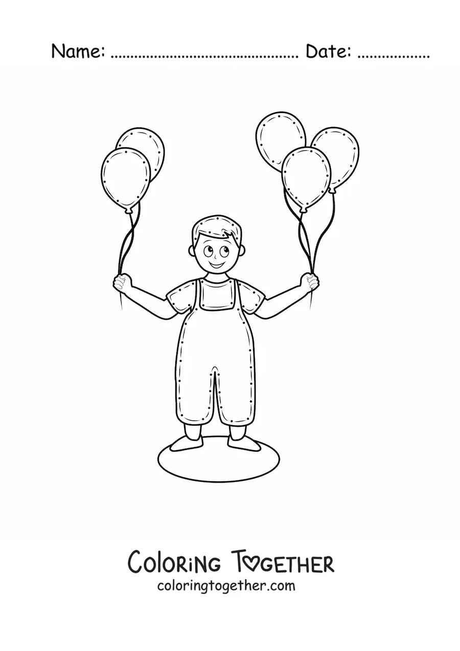 Coloring page of a boy with balloons in his hands