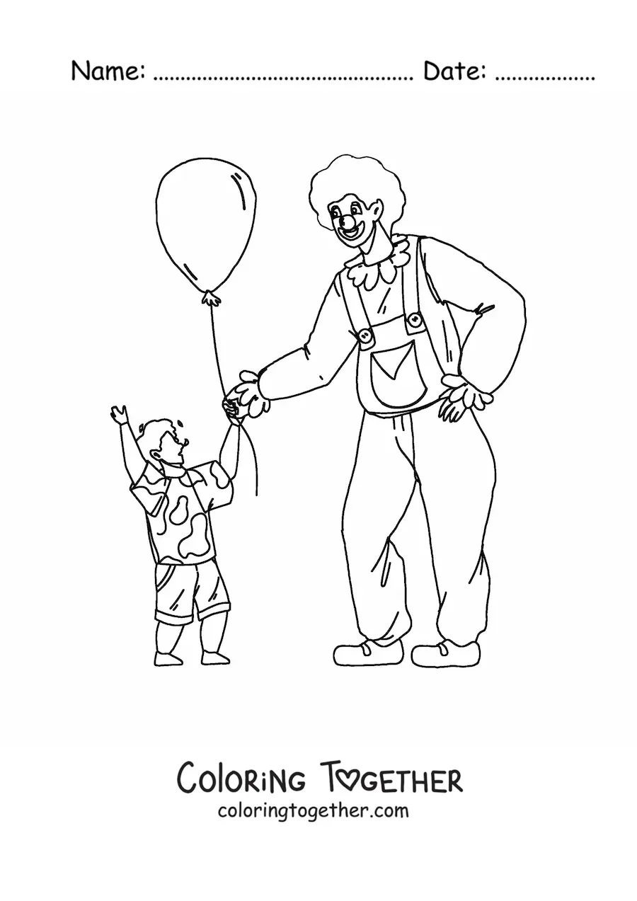 Coloring page of a clown handing a balloon to a boy