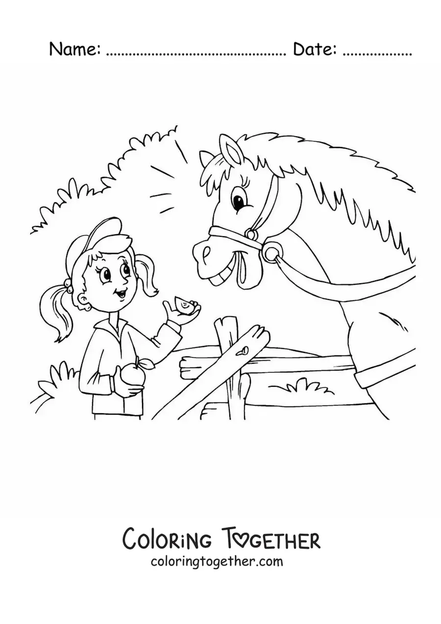 Coloring page of a girl feeding a horse an apple