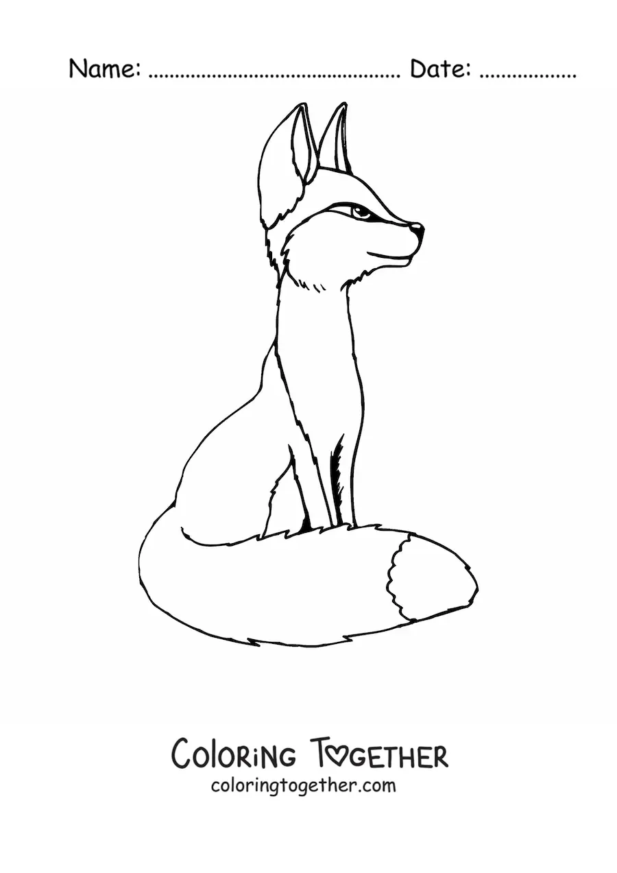 Coloring page of an anime-style fox sitting in profile
