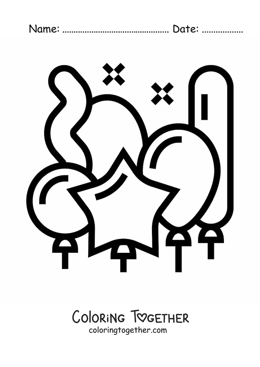 Coloring page of a star-shaped balloon next to several balloons