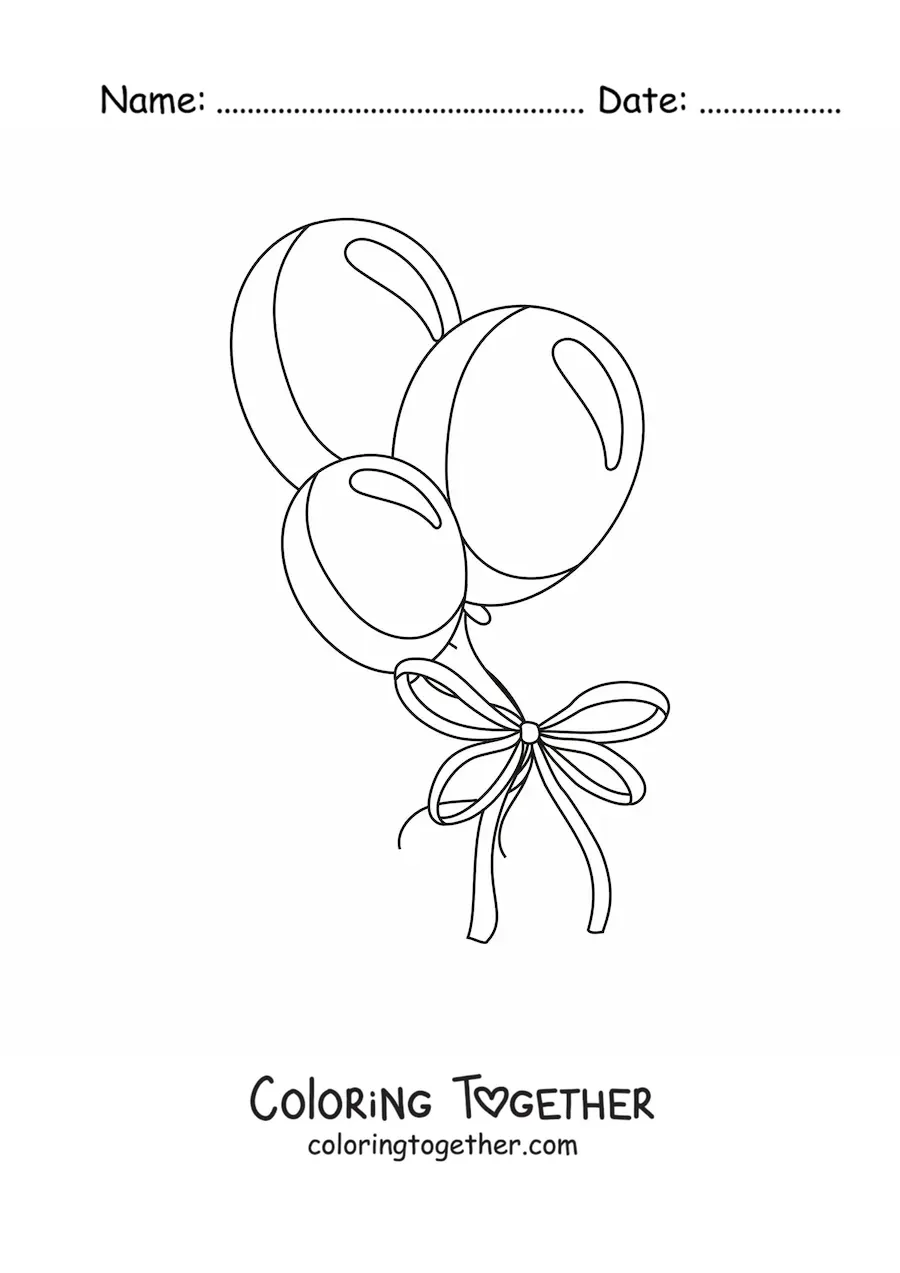 Coloring page of three gift balloons with a ribbon