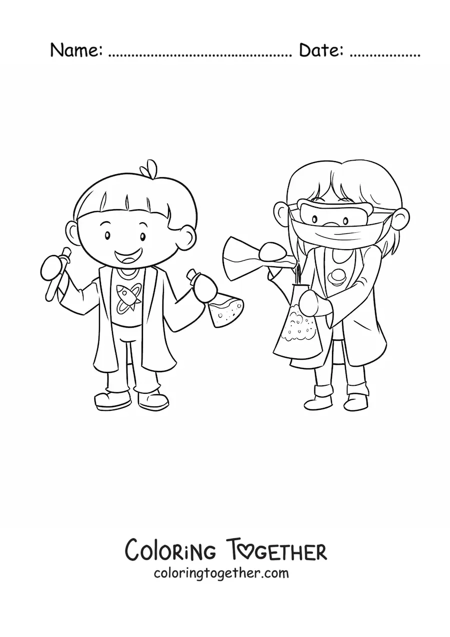 Coloring page of two kawaii animated scientists