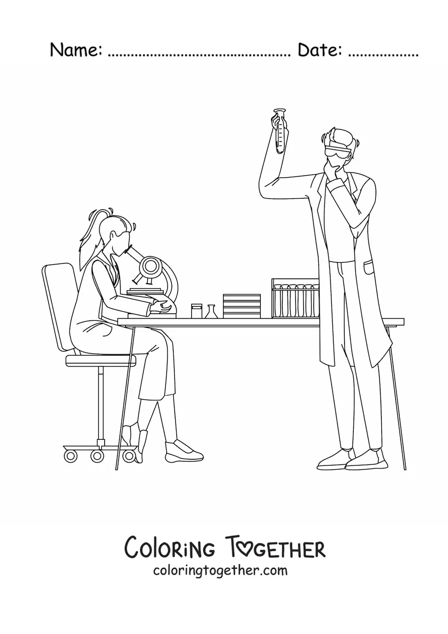 Coloring page of two scientists in a chemistry lab