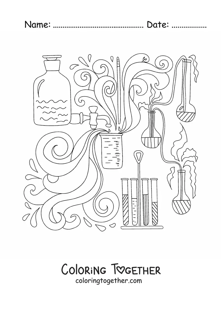 Coloring page of containers and flasks with chemicals reacting as they mix