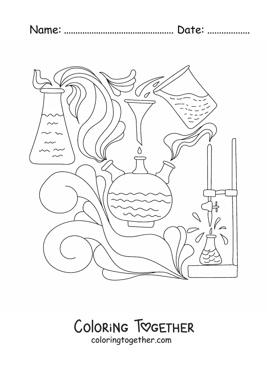Coloring page of several chemical elements in an experiment