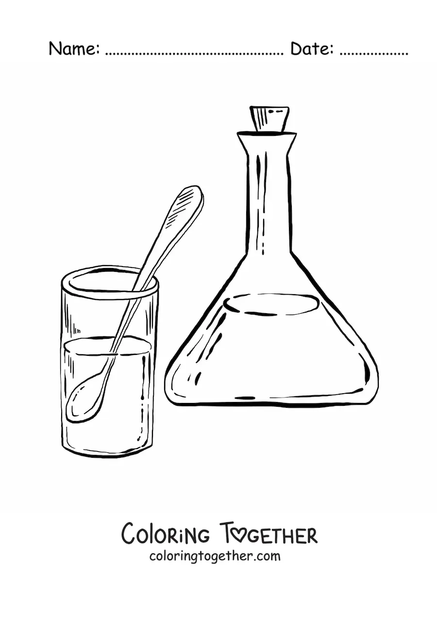 Coloring page of a flask and a glass with chemical solutions
