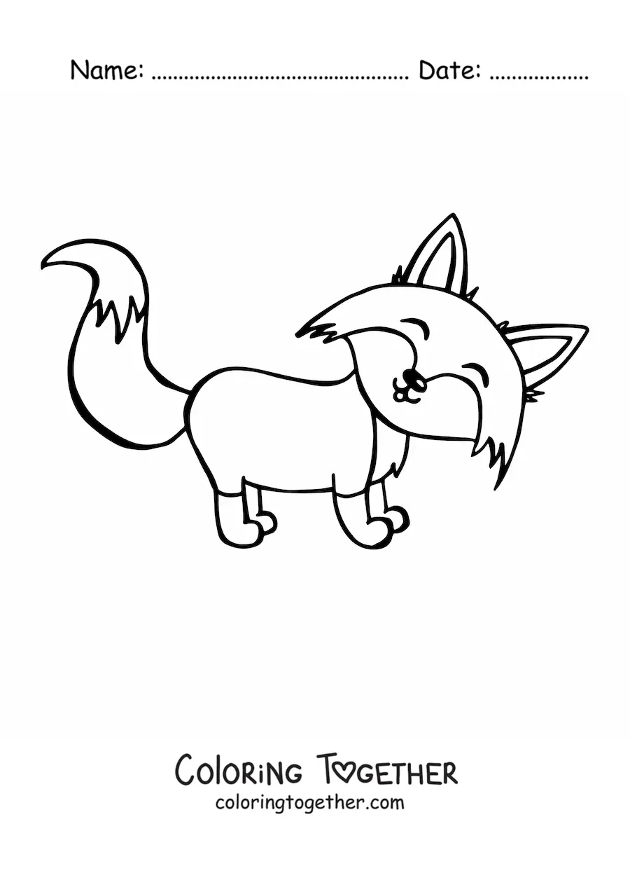 Coloring page of a kawaii fox in profile smiling toward the front