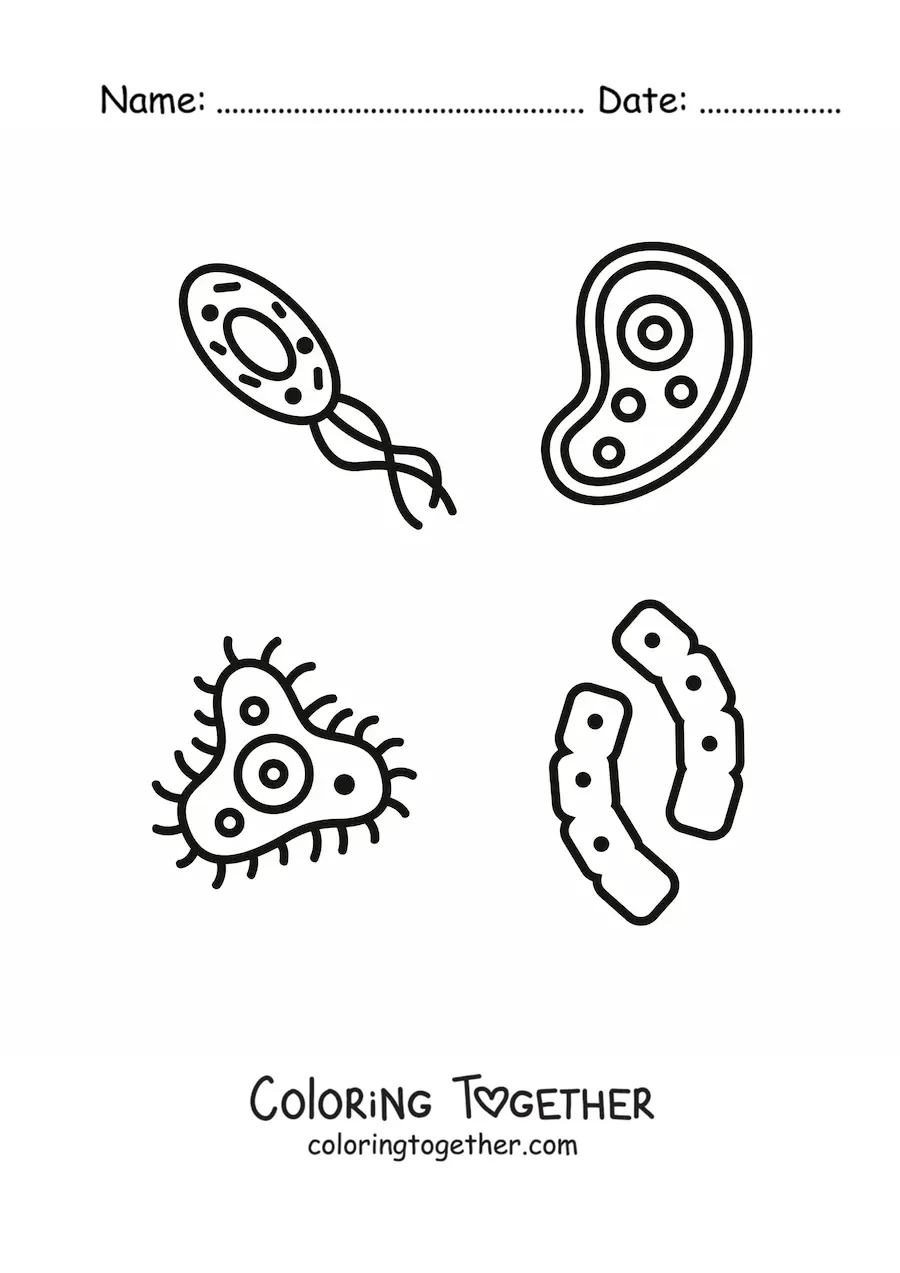 Coloring page of several microorganisms