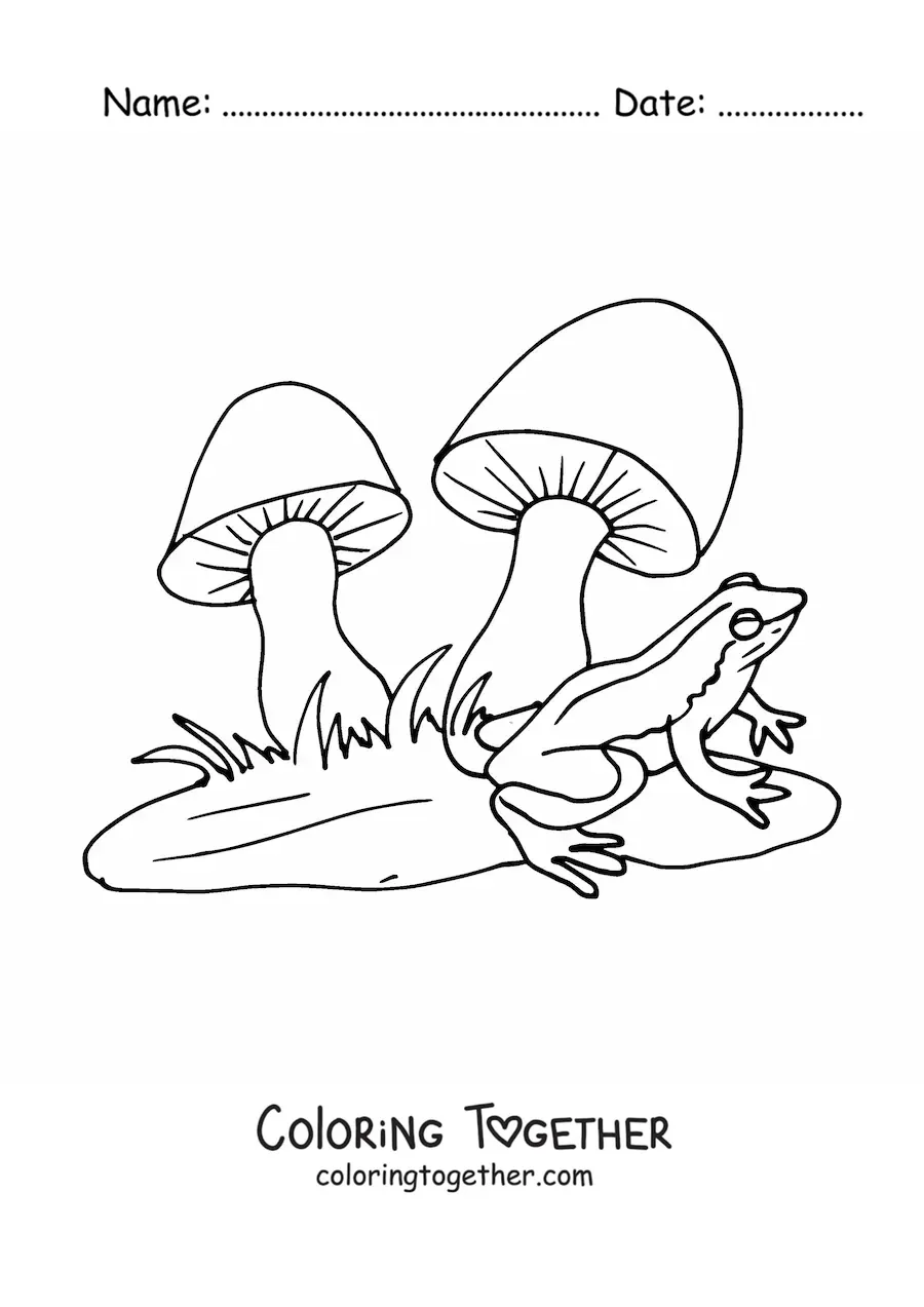 Coloring page of a frog next to two mushrooms