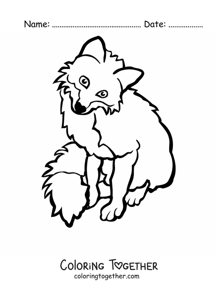 Coloring page of a wild fox sitting and facing forward with its head tilted to the right