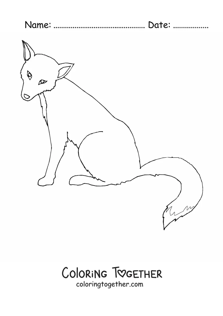 Coloring page of a wild fox sitting in profile with its head turned to the front