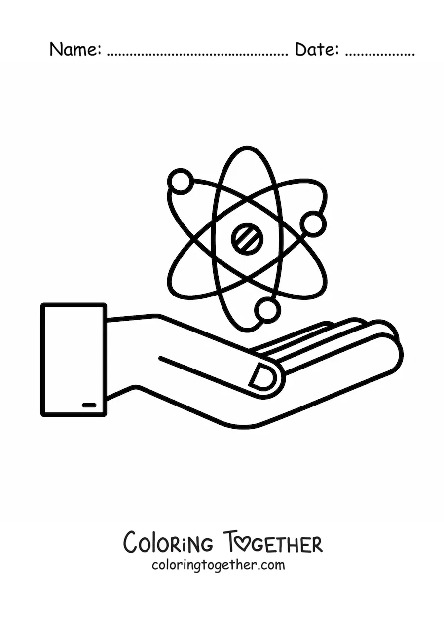 Coloring page of a hand with an atom representing nuclear physics