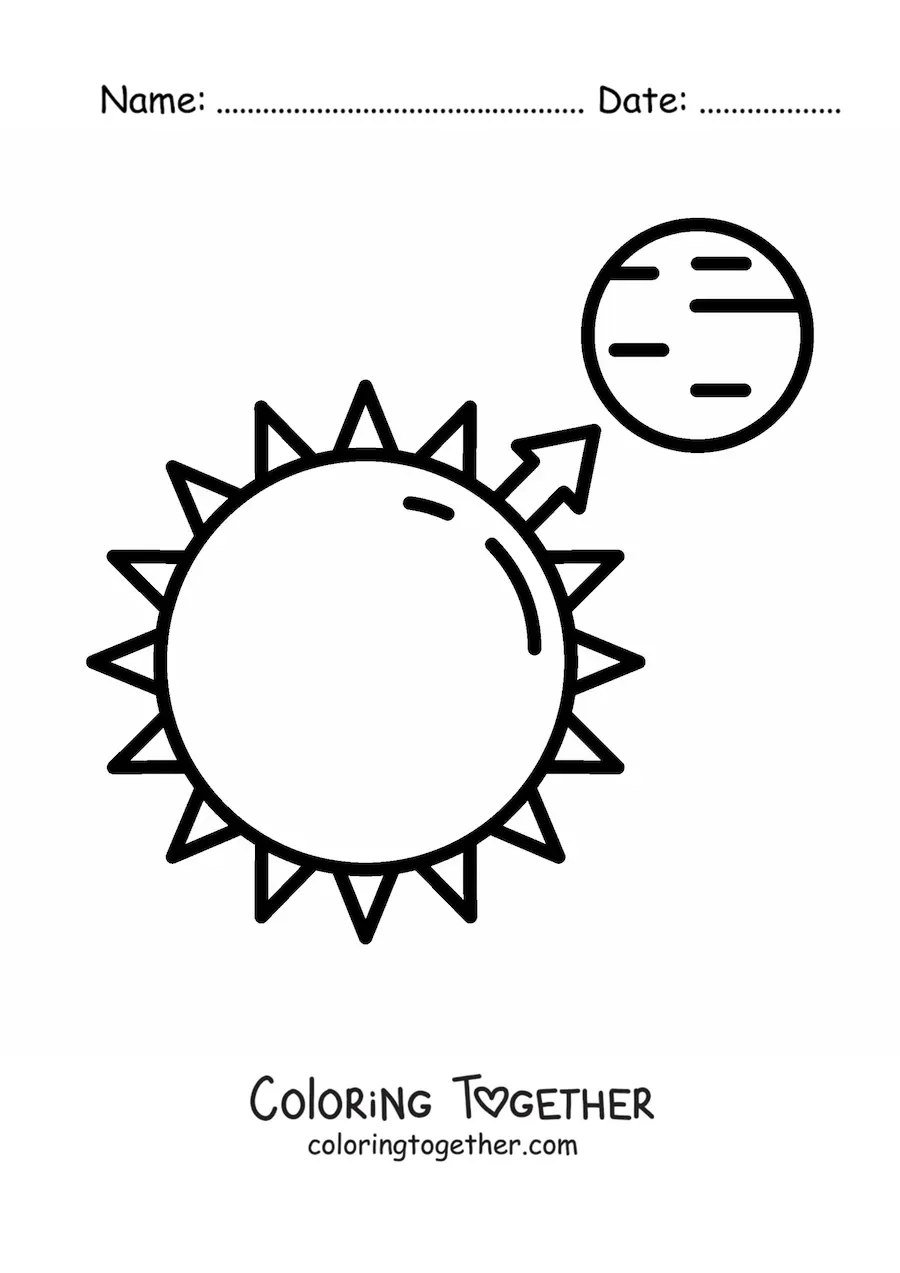 Coloring page of the sun and a planet representing gravitational attraction