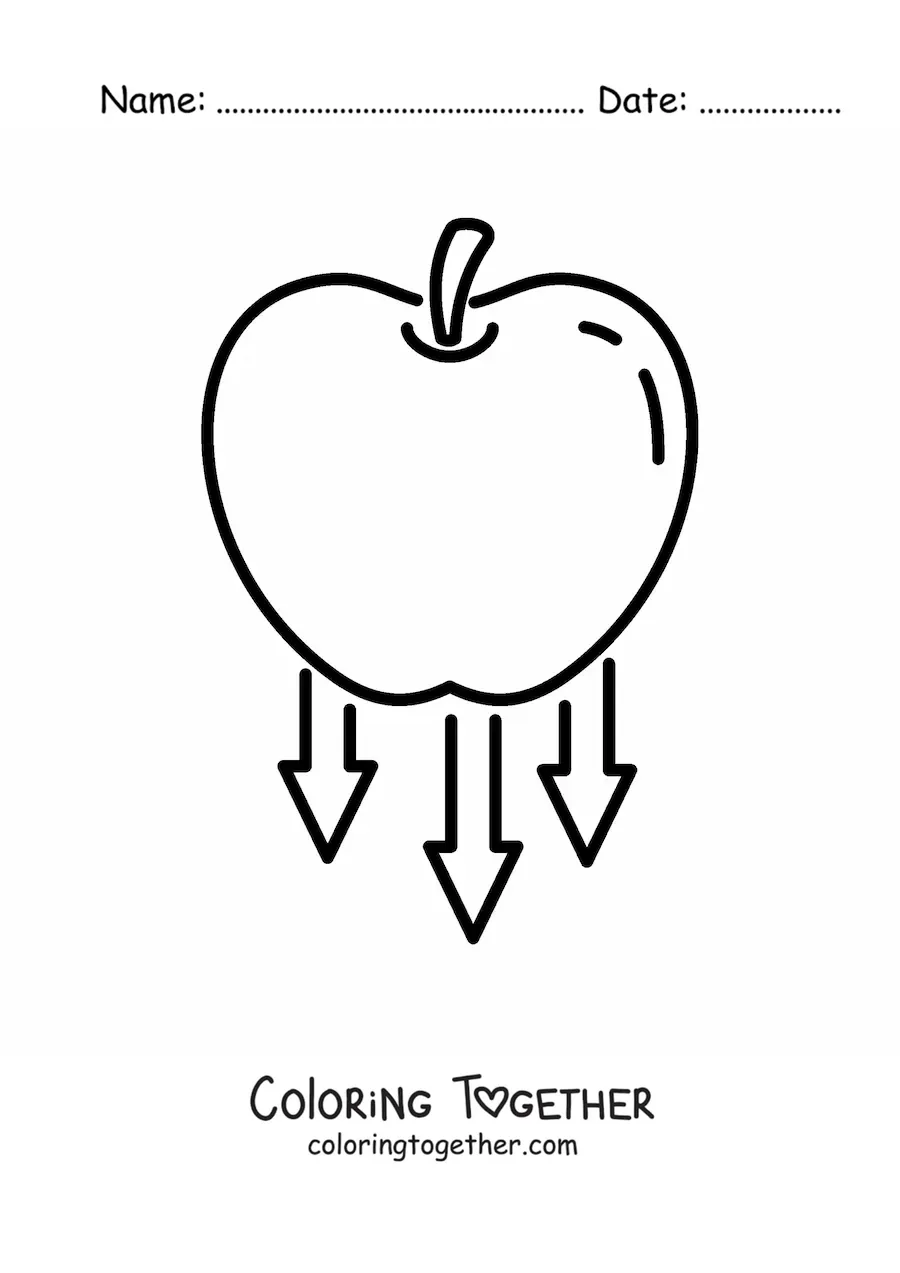 Coloring page of an apple falling representing gravity