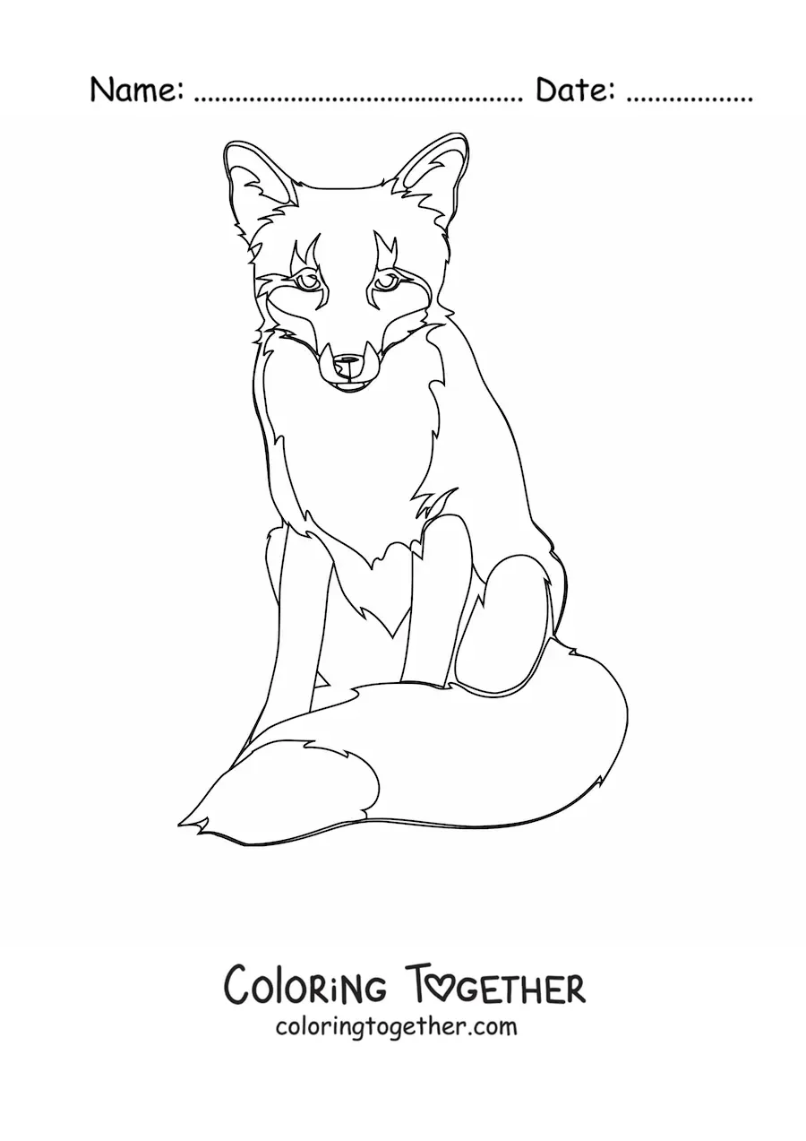 Coloring page of a wild fox sitting and facing forward