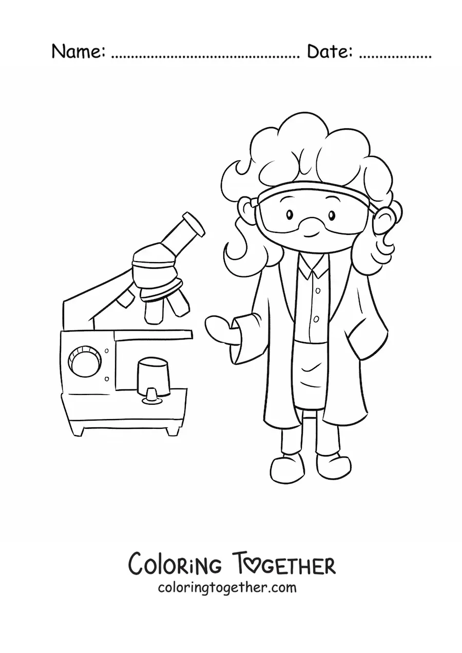 Coloring page of a kawaii scientist with a microscope