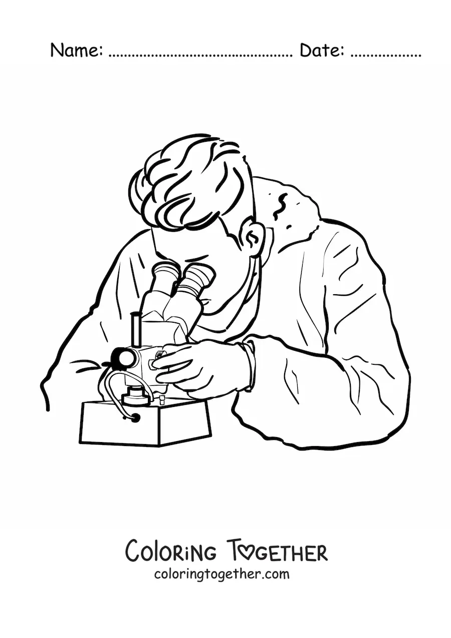 Coloring page of a scientist using a binocular microscope