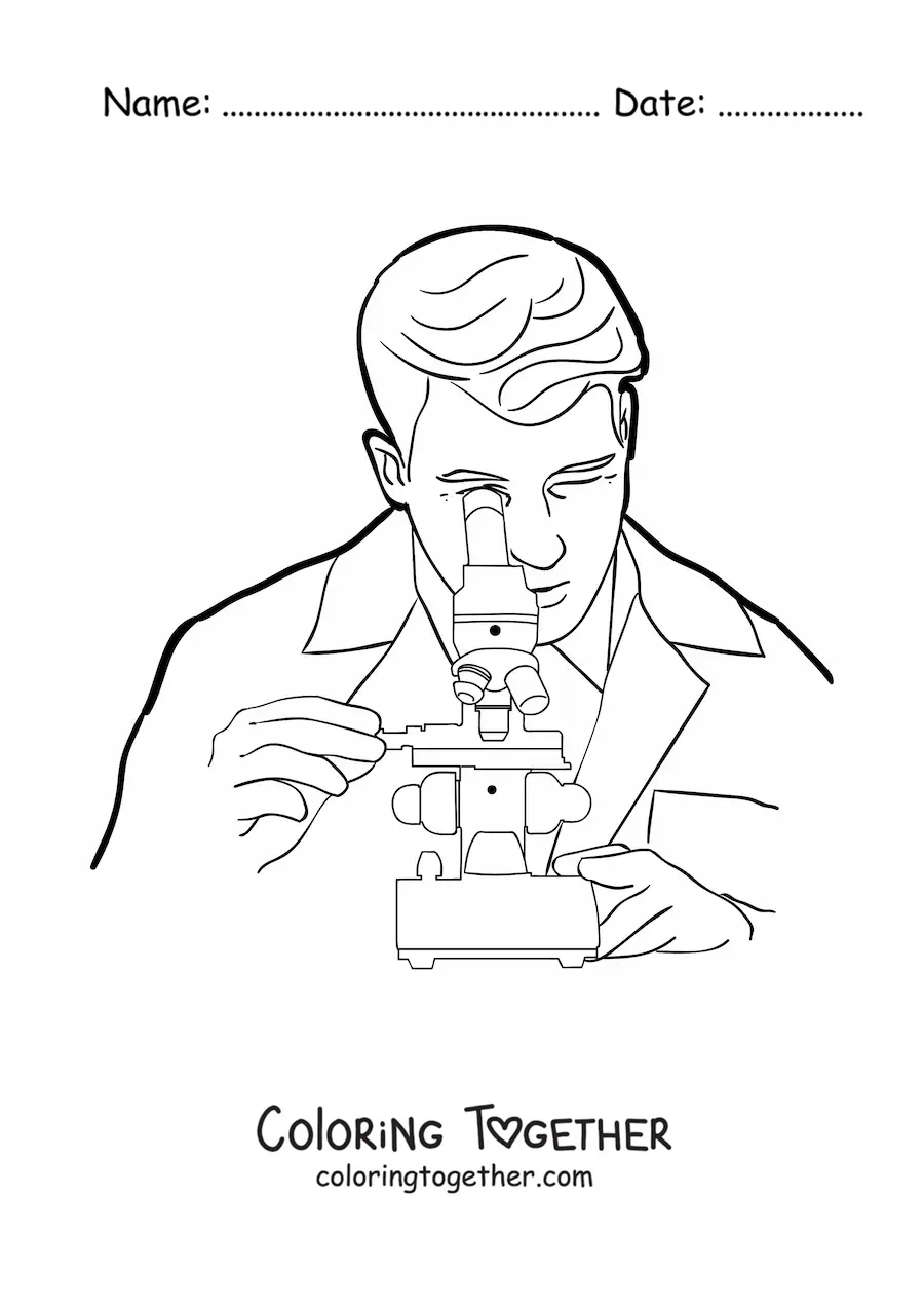 Coloring page of a scientist looking through a microscope