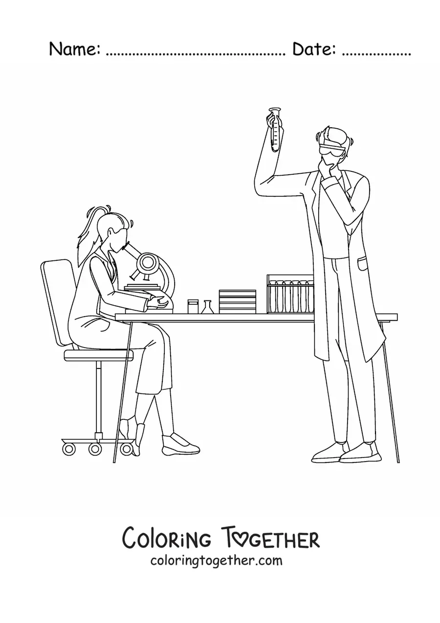 Coloring page of two scientists with a microscope in a laboratory