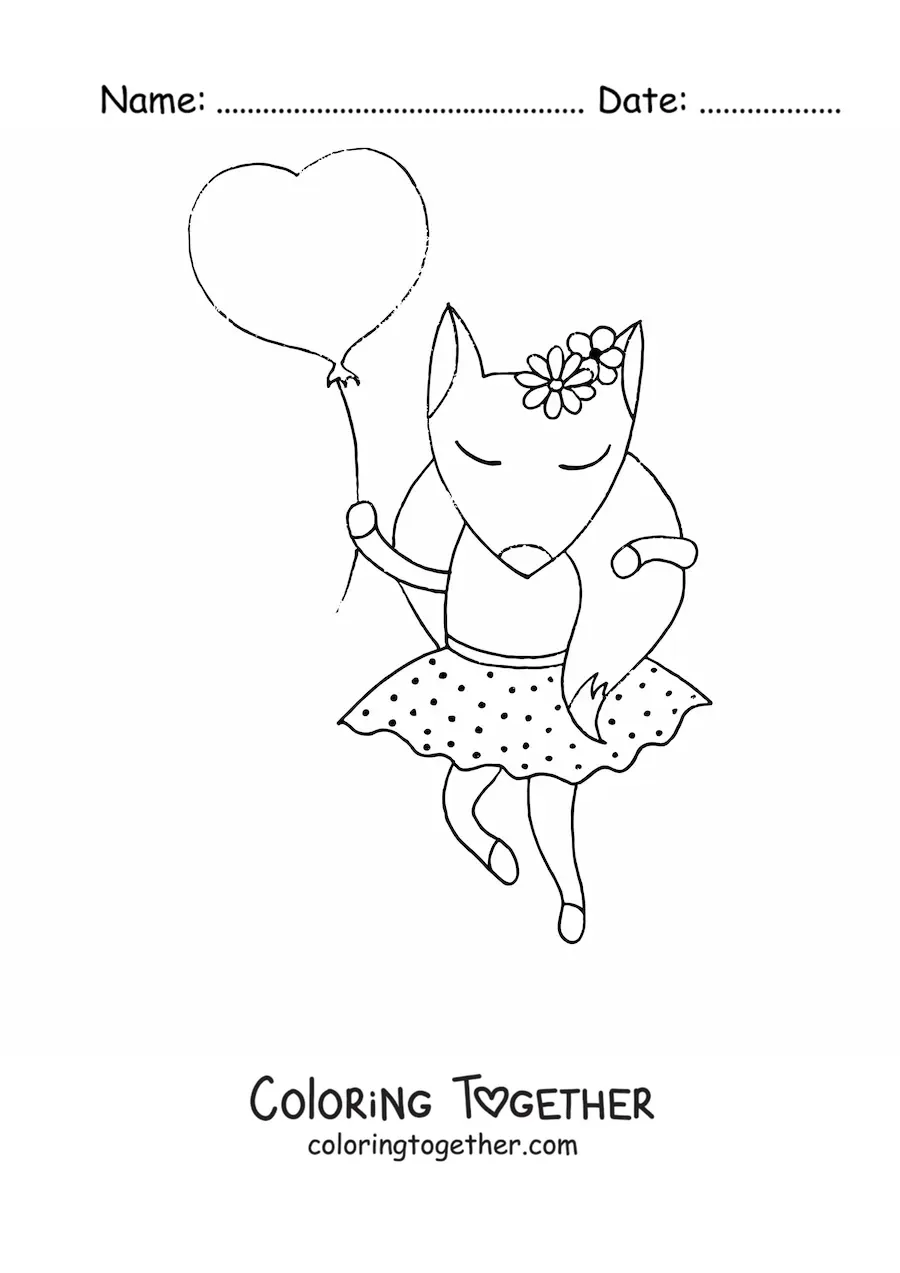Coloring page of a cartoon fox in a dress holding a heart-shaped balloon