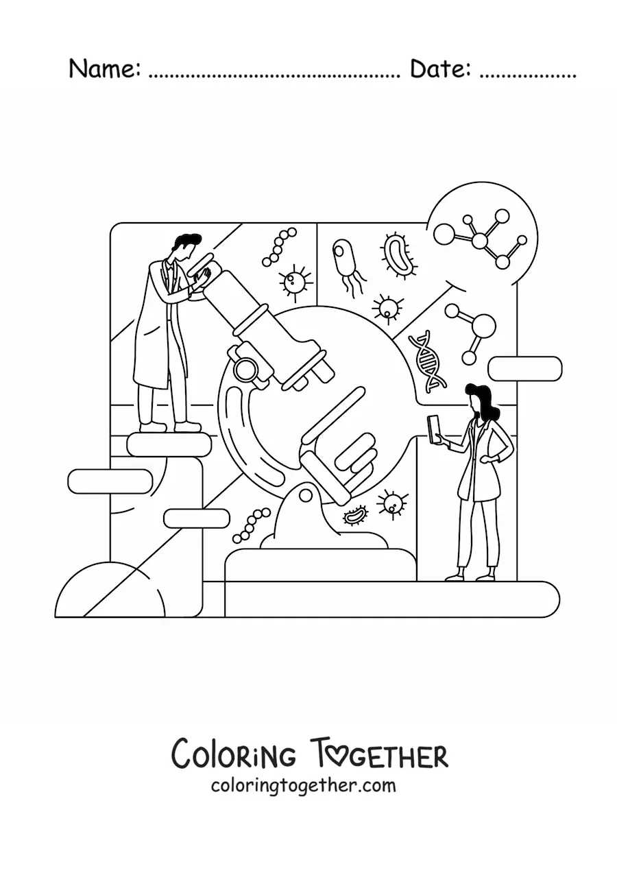 Coloring page of two scientists and a microscope