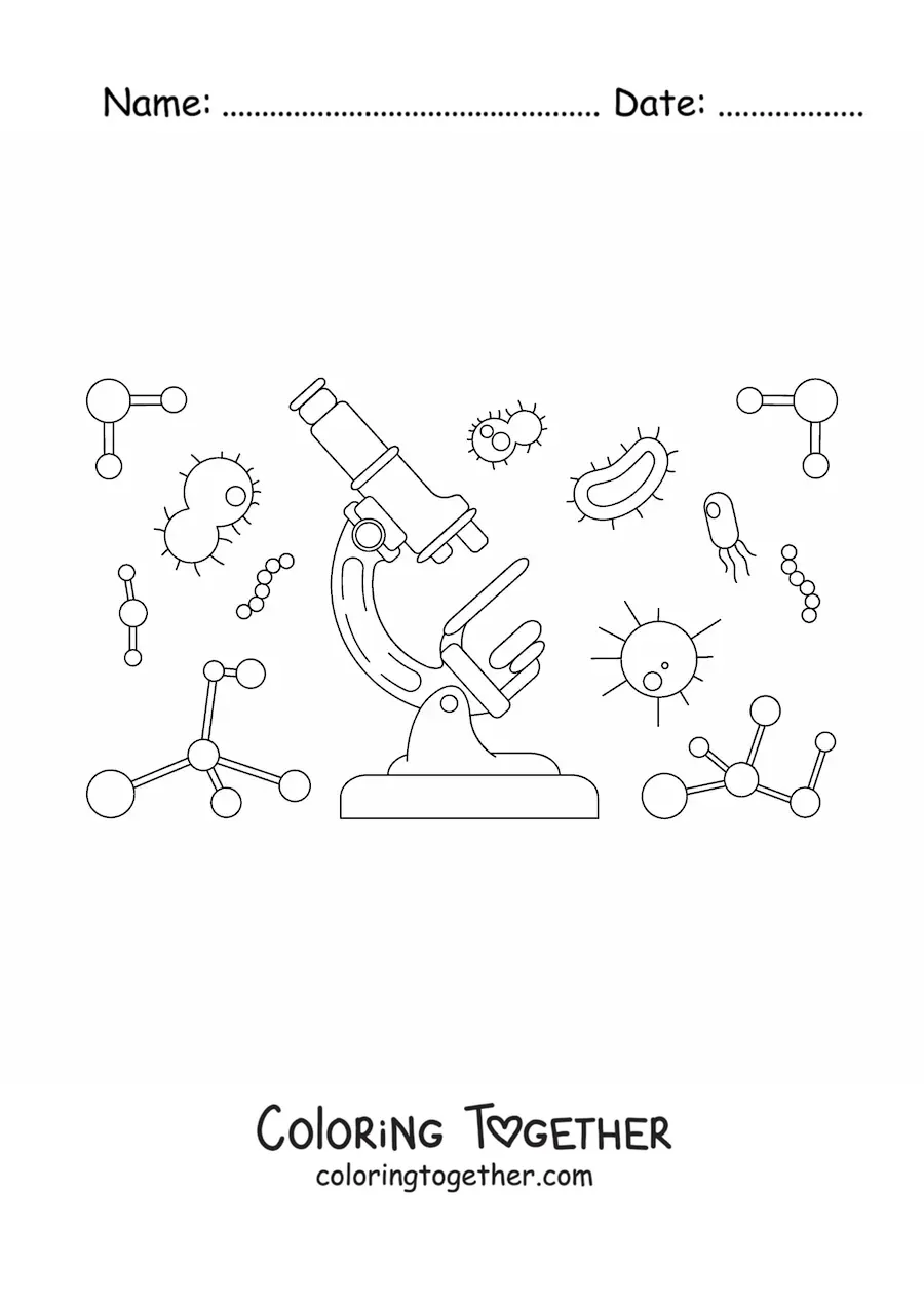 Coloring page of a microscope with single-celled organisms