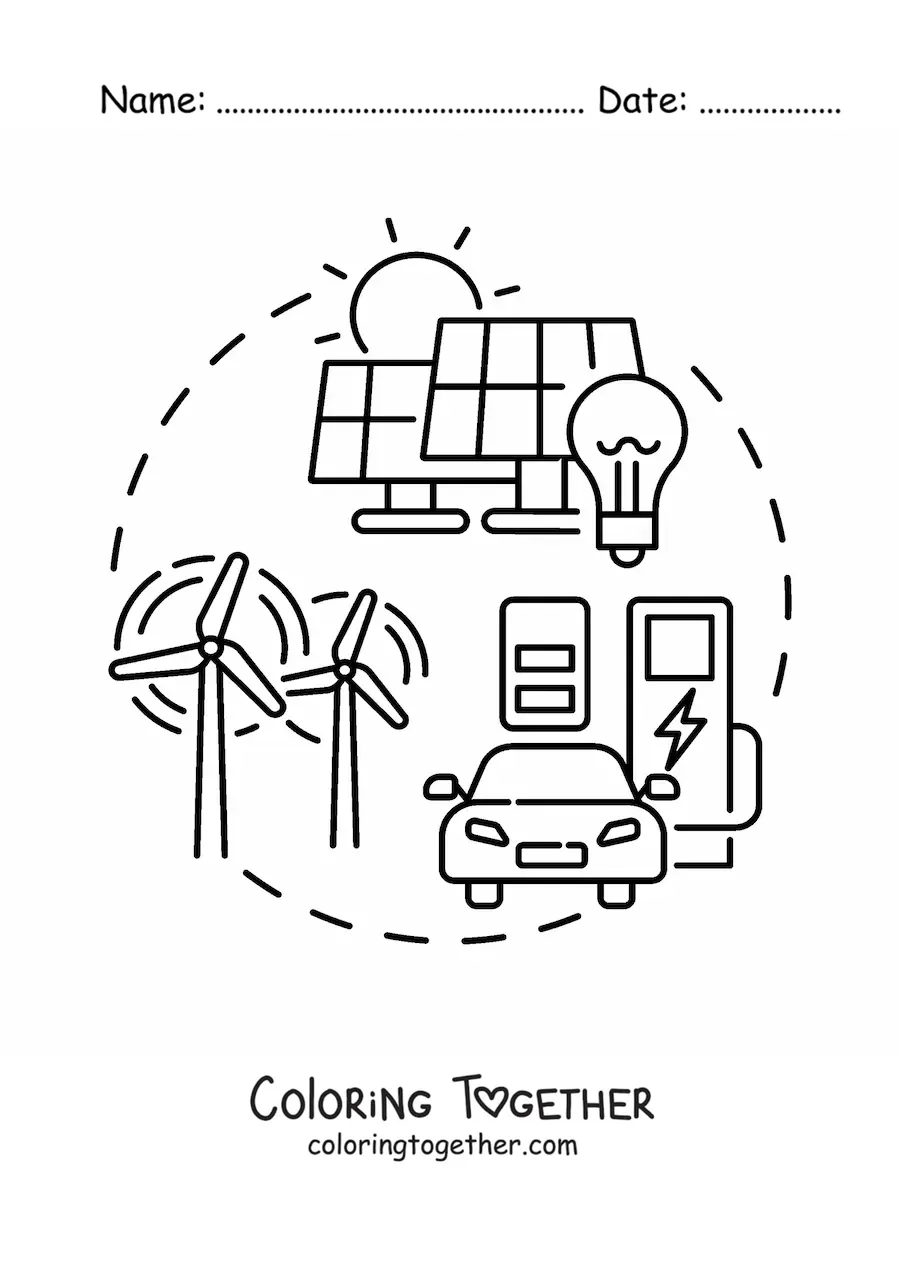 Coloring page of the elements of renewable energy