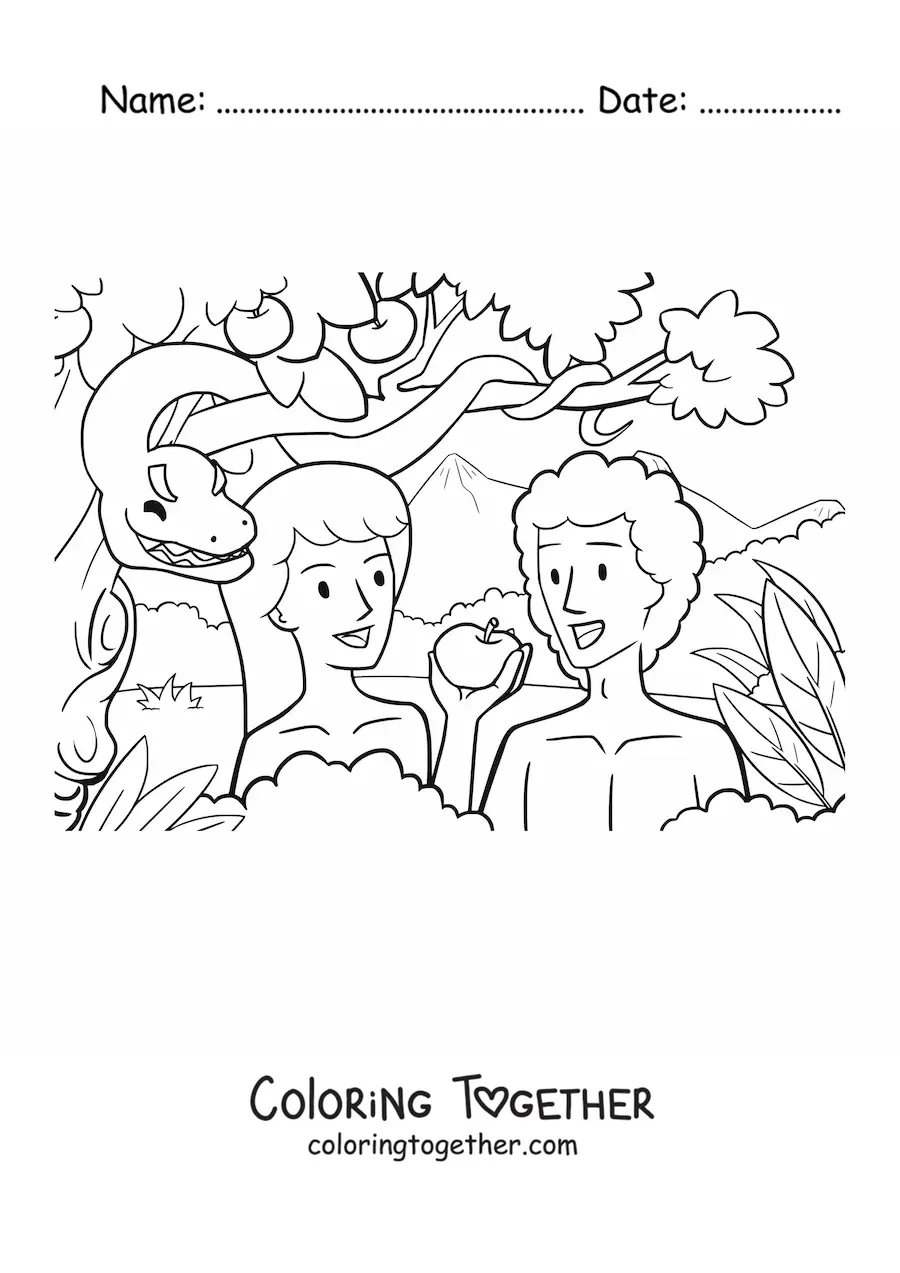 Coloring page of an apple as the forbidden fruit from Genesis, with Adam and Eve