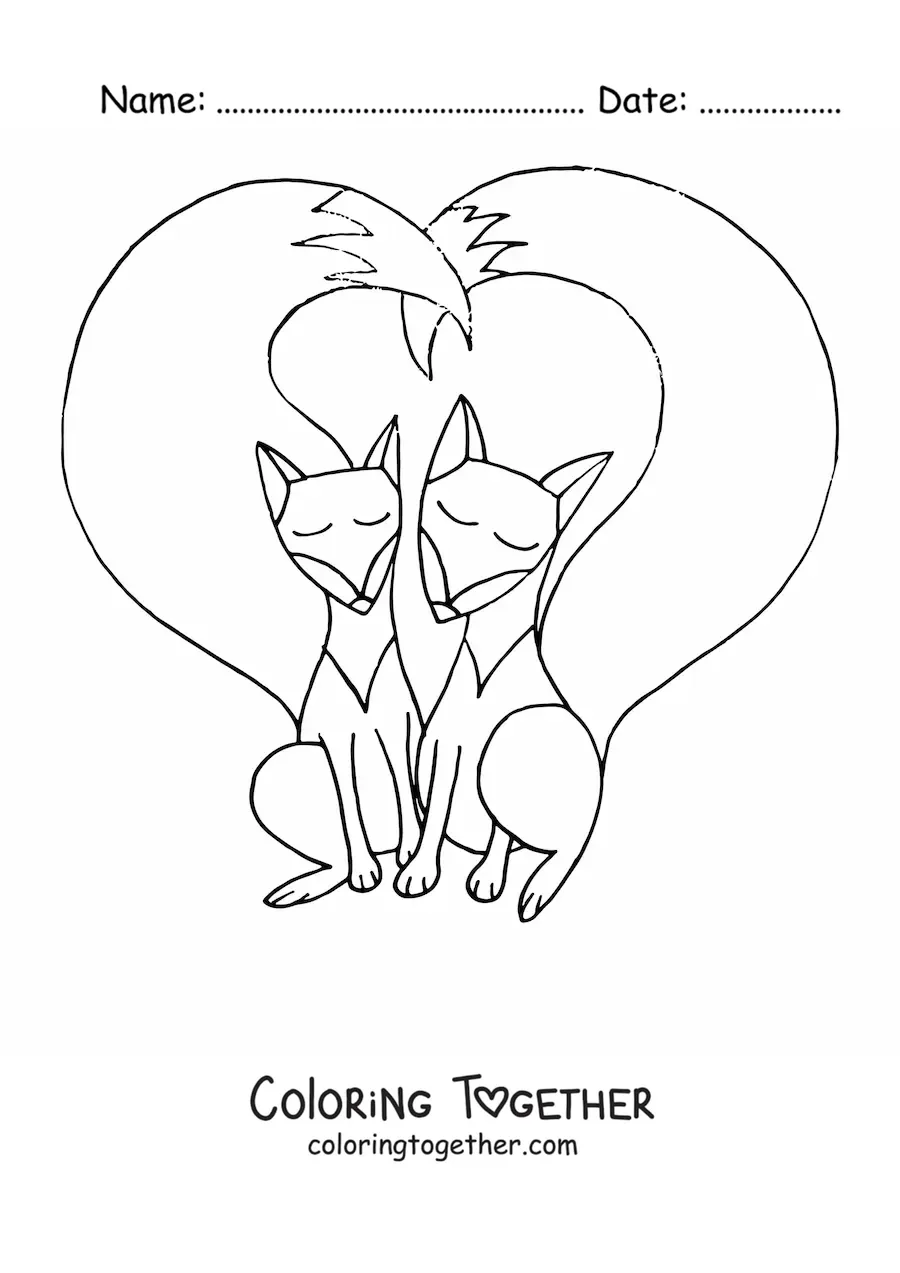 Coloring page of a pair of cartoon foxes joining their tails into a heart shape