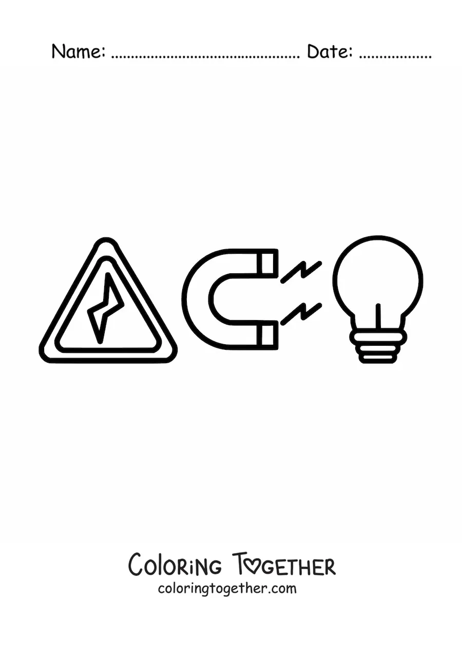 Coloring page of electricity and magnetism symbols