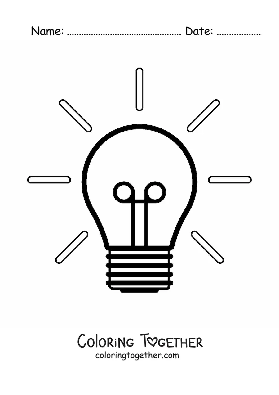 Coloring page of a glowing light bulb